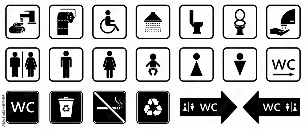 Different icons for restroom, Toilet, wc signs. Men, Woman, People with disability, Shower, Child. Vector flat design Different icons for restroom, Toilet, wc signs. Men, Woman, People with disability, Shower, Child. Vector flat design