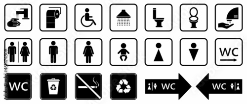 Different icons for restroom, Toilet, wc signs. Men, Woman, People with disability, Shower, Child. Vector flat design