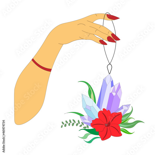 in the hand of fortune teller, witch pendant necklace, necklace with stones and red flower.  Jewelry on chain with predictions and healing hands. Vector Illustration
