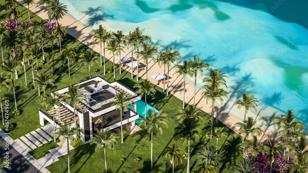 3d rendering of modern cozy house with pool and parking for sale or rent in luxurious style by the sea or ocean. Sunny day by the azure coast with palm trees and flowers in tropical island 3d rendering of modern cozy house with pool and parking for sale or rent in luxurious style by the sea or ocean. Sunny day by the azure coast with palm trees and flowers in tropical island