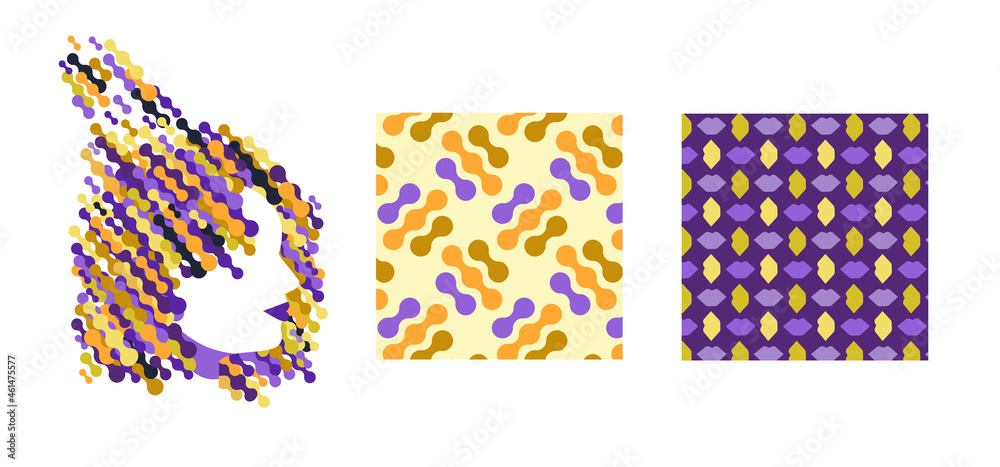 Vector illustration. Set of patterns and illustrations. Head of a woman with colored hair. Collection. For printing on fabric, poster. Vector illustration. Set of patterns and illustrations. Head of a woman with colored hair. Collection. For printing on fabric, poster.
