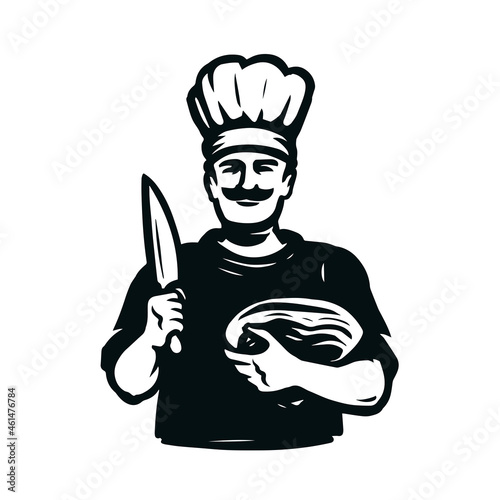 Chef with knife for cutting meat. Butcher shop logo. Food concept design element for restaurant menu