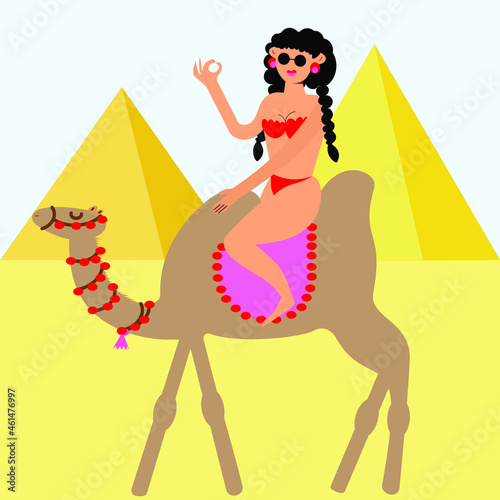woman riding a camel in the desert vector illustration. Egyptian landscape.