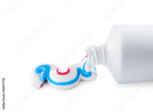 Tube with toothpaste on white background. Dental care