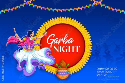 Dandiya in disco Garba Night banner poster for Navratri Dussehra festival of India