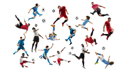 Collage made of professional football soccer players with ball in motion, action isolated on white studio background.