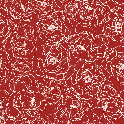 Outline roses seamless repeat pattern. Cottage core  random placed  vector line art flowers all over surface pattern with red background.