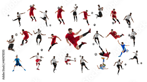 Collage made of professional football soccer players with ball in motion  action isolated on white studio background.