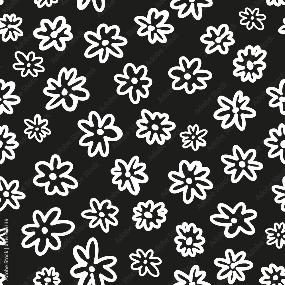 Outline doodle flower heads seamless repeat pattern. Random placed, vector millefleurs minimal all over print on black background. Outline doodle flower heads seamless repeat pattern. Random placed, vector millefleurs minimal all over print on black background.