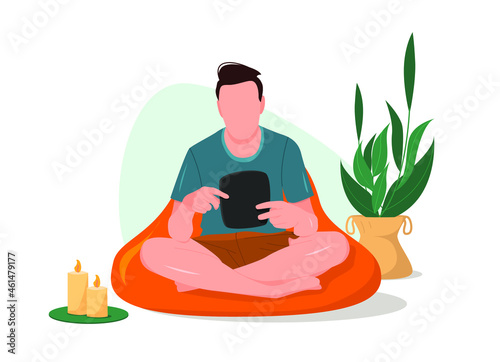Handsome man sitting and reading an e-book. Vector concept illustration of reading, recreation. Online library.