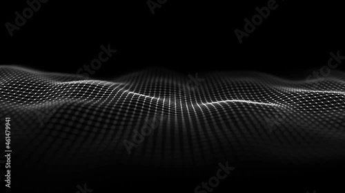Futuristic digital wave. Dark cyberspace. Abstract wave with dots and line. White moving particles on a black background. 3d rendering.