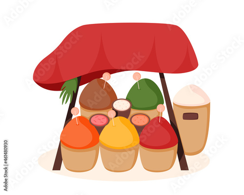 Arab or Asian spices stall counter. Colorful outdoor spices market or bazaar. Organic farm products. Flat cartoon vector illustration isolated on white background