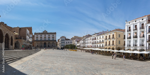 Amazing panoramic view at the Plaza Mayor in Cáceres city downtown, Ayuntamiento de Cáceres, Arco de la Estrella and other heritage buildings