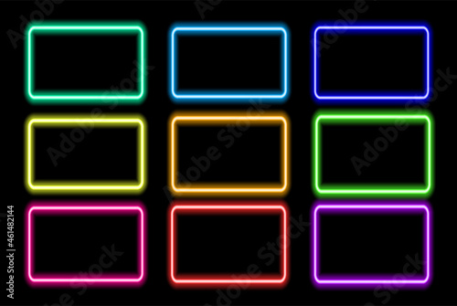 A set of colorful neon frames. Vector illustration of bright rectangular shapes of different colors, glowing in the dark, with an empty space inside for text for a design template. isolated neon borde