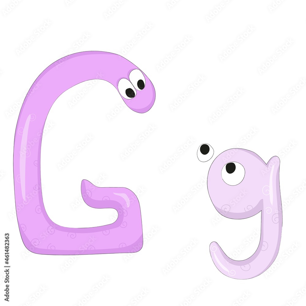 Capital and lowercase letters Gg from the English alphabet in the form of funny and cute cartoon characters of an adult and a kid. Pastel lilac colors. Vector illustration Capital and lowercase letters Gg from the English alphabet in the form of funny and cute cartoon characters of an adult and a kid. Pastel lilac colors. Vector illustration
