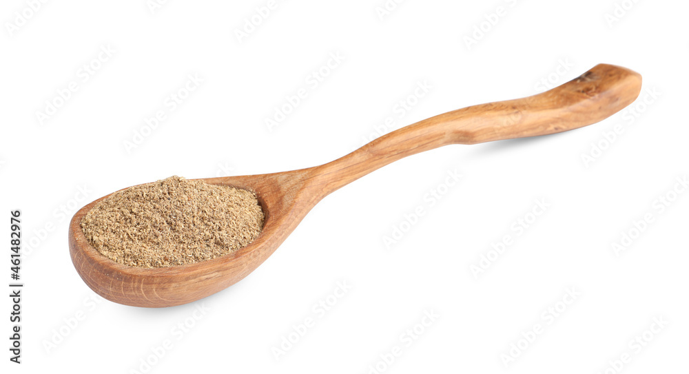 Wooden spoon with powdered coriander on white background Wooden spoon with powdered coriander on white background