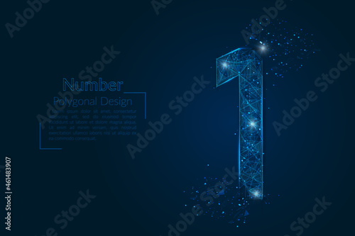 Abstract isolated blue image of a number one. Polygonal illustration looks like stars in the blask night sky in spase or flying glass shards. Digital design for website, web, internet.