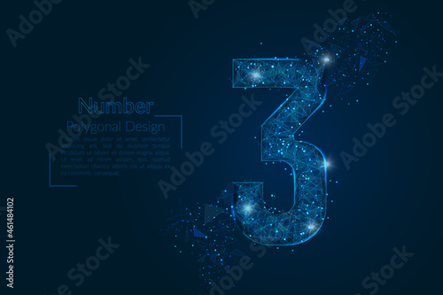 Abstract isolated blue image of a number three. Polygonal illustration looks like stars in the blask night sky in spase or flying glass shards. Digital design for website, web, internet.