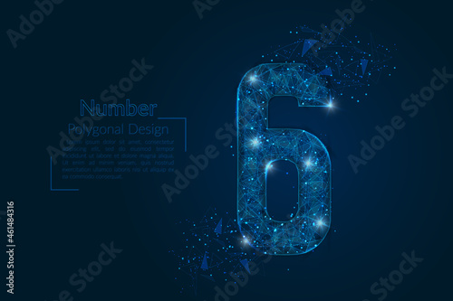 Abstract isolated blue image of a number six. Polygonal illustration looks like stars in the blask night sky in spase or flying glass shards. Digital design for website, web, internet.