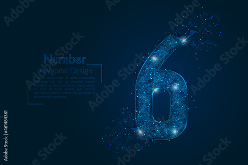 Abstract isolated blue image of a number six. Polygonal illustration looks like stars in the blask night sky in spase or flying glass shards. Digital design for website, web, internet.