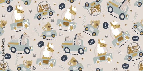 Vector seamless pattern with cute animals driving car, truck - bear, crocodile, giraffe, lama, hippo, monkey, cat, rabbit on light background. childish seamless pattern for boys and girls