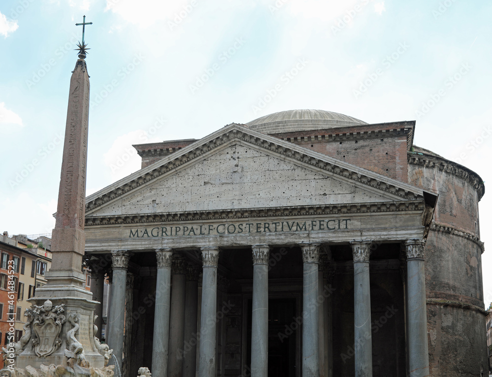 Pantheon in Rome and an ancient Egyptian obeliskand latin text means Marco Agrippa son of Lucio built it in the year of his third consulate
