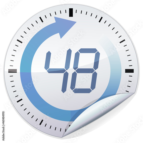 Round white metallic sticker with the graduation of a clock and a circular arrow with the number in the middle indicating a delivery time of 48 hours (cut out)