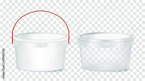 A set of mock-ups of plastic containers (transparent and white) with handles, with a capacity of 0.5, 0.8 or 1.5 liters for food products on a transparent background. Vector illustration.