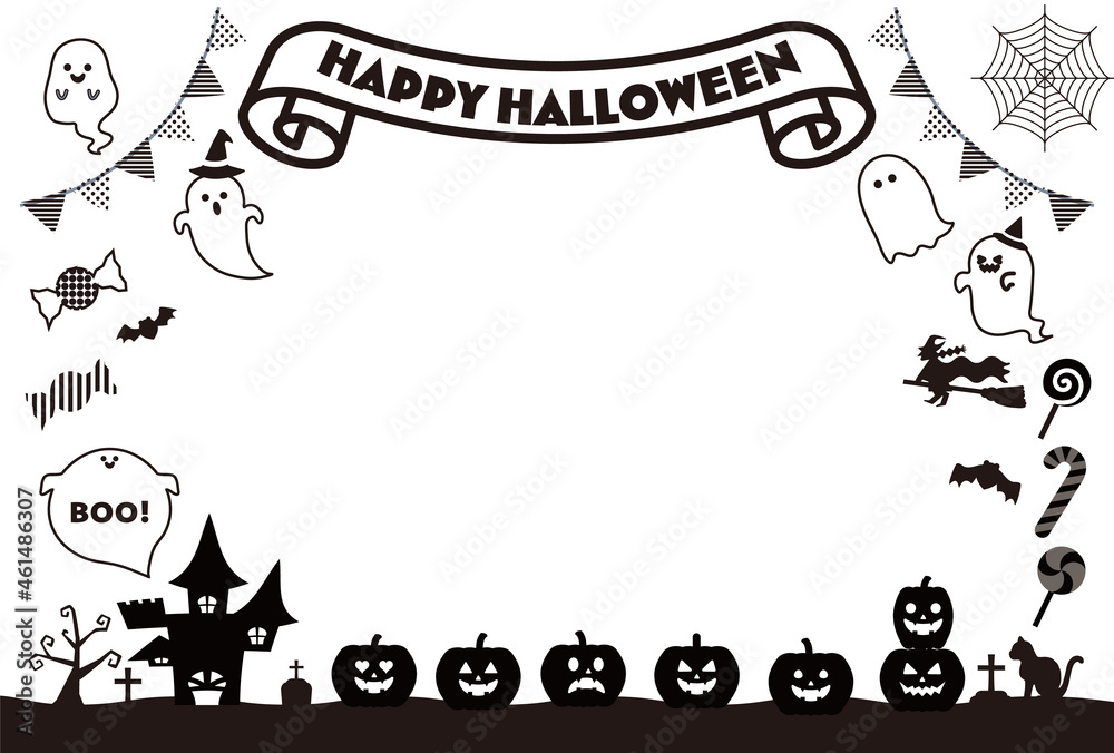 Obraz premium ハロウィンの楽しいモノクロフレームイラストセット