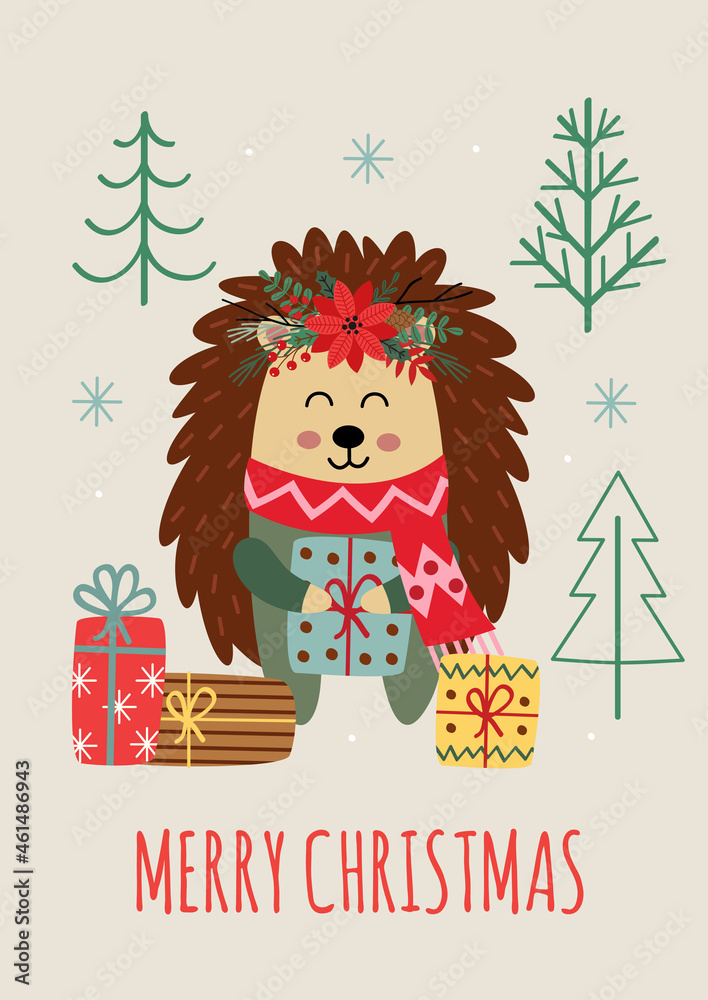 Christmas card with hedgehog and gifts Christmas card with hedgehog and gifts