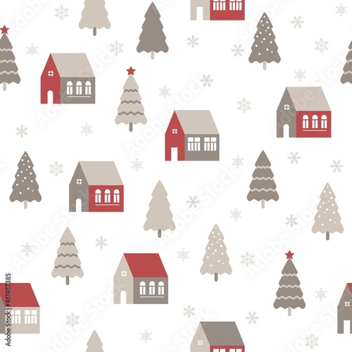 Seamless pattern with cute houses in snowy forest. Simple scandinavian style background with christmass mood for web, print, background, wallpaper, scrapbooking, wrapping paper, textile 