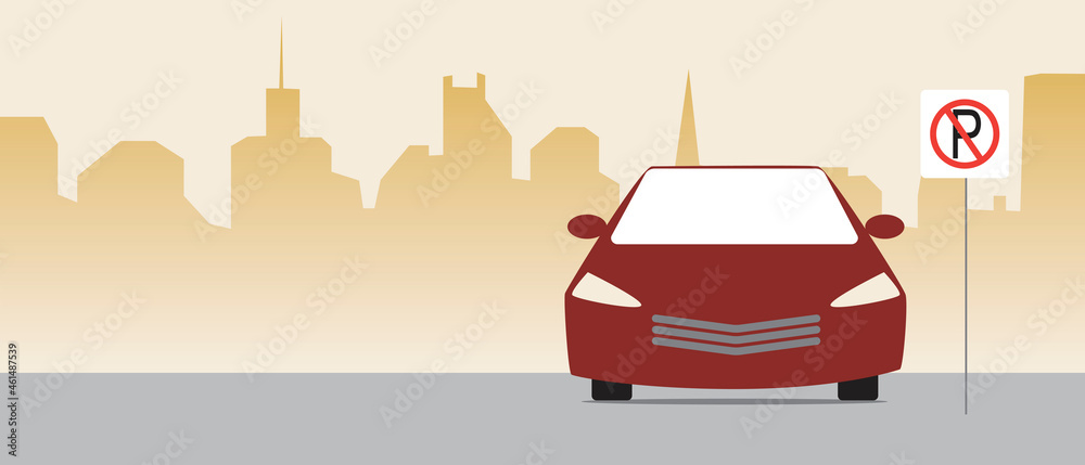 No parking, copy space template, Flat vector stock illustration or backdrop with parking lot and car