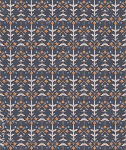 Seamless pattern with firs and flowers in scandinavian folk style. Pixel emboidery effect. Stock illustration for web and print, wallpaper, background, textile, scrapbooking and wrapping paper.