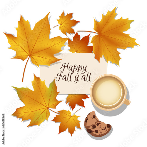 Happy fall greeting card or invitation with yellow maple leaves and a cup of milk coffee isolated on white. Top view perspective.