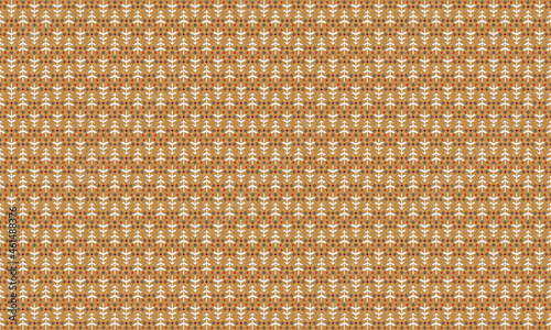 Seamless pattern with firs and flowers in scandinavian folk style. Pixel emboidery effect. Stock illustration for web and print, wallpaper, background, textile, scrapbooking and wrapping paper.