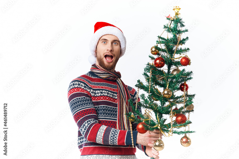 Cheerful man with a tree in his hands ornaments holiday fun isolated background Cheerful man with a tree in his hands ornaments holiday fun isolated background