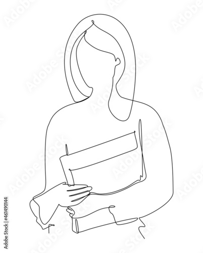 Continuous line drawing. Student Girl bring a book Isolated image hand draw contour on a white background. Vector illustration
