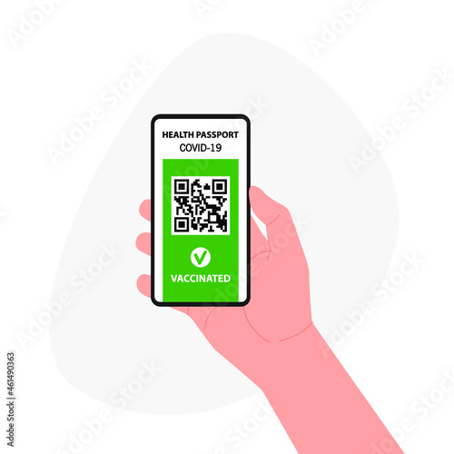 Vaccination passport concept. Hand holds smartphone with QR code, health passport.