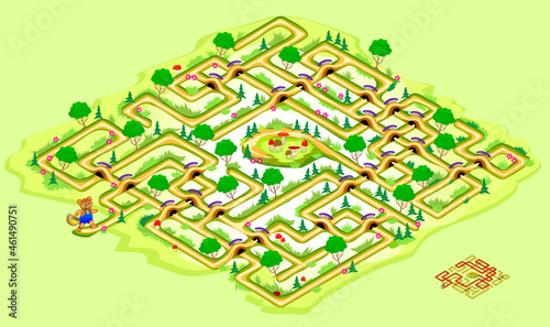 Logic puzzle game with labyrinth for children and adults. Help the bear find the way to the mushroom meadow. Worksheet for brain teaser book. Play online. 3D maze for kids. Vector illustration.
