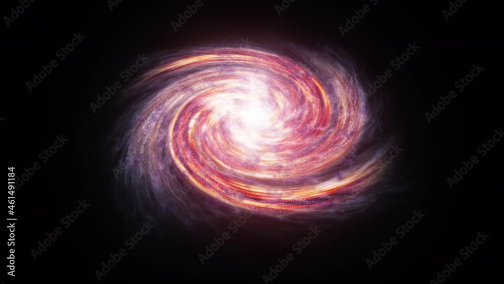 Seamless loop of spiral red galaxy rotation in space filled with stars and nebulae. Bright galactic core shines, spiral arms rotate slowly with millions star systems. Space concept 3D animation