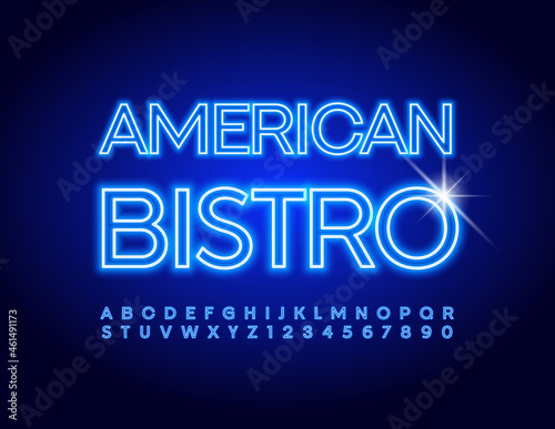 Vector Neon Banner American Bistro. Blue Illuminated Font. Artistic Alphabet Letters and Numbers set