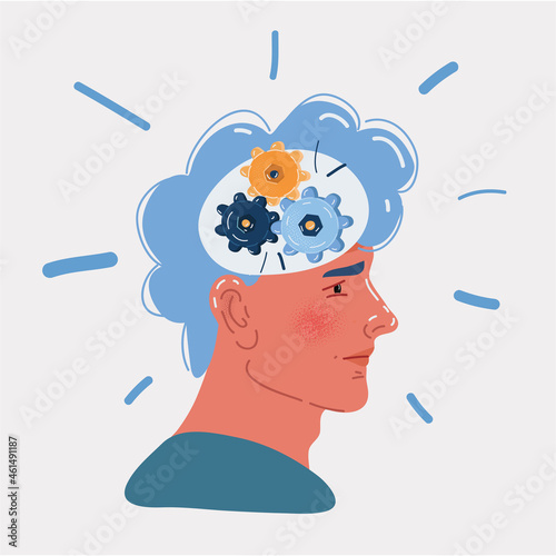 Vector illustration of Human head gears tech. Cogwheel engineering technological inside brain work concept