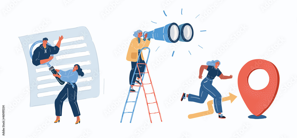 Vector illustration of people looking and focus on problem to find solution, successful business goal achievement. Searching and achieve goals and destination.