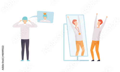 Narcissistic Man Character Looking in Mirror and Admiring of Themselves Vector Set