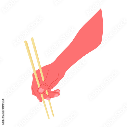 Hand with chopsticks for sushi, Asian food isolated on white background. Vector illustration in flat style. 