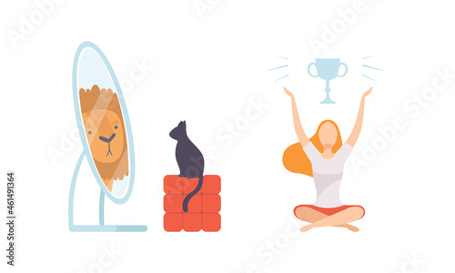 Narcissistic Cat and Woman Looking in Mirror and Admiring of Themselves Vector Set