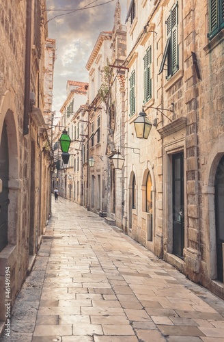 Fototapeta Naklejka Na Ścianę i Meble -  Travel to Croatia. Dubrovnik, most people visit the old town filled with restaurants, shops, museums, ancient palaces, cathedrals, and lovely beaches. Stradun street in old part city in the summer