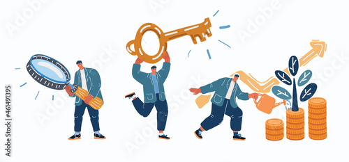 Vector illustration of a man seeks up on a paper plane, achieving a goal, the path to success is motivation, career advancement, search for ideas, teamwork, achieve goals