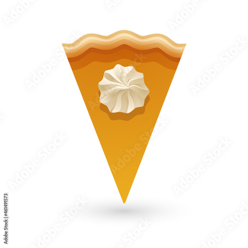 A piece of pumpkin or carrot pie served with whipped cream on the top. Top view vector illustration perfect for location icon.