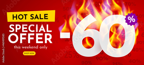 60 percent Off. Hot sale banner with burning numbers. Discount poster.